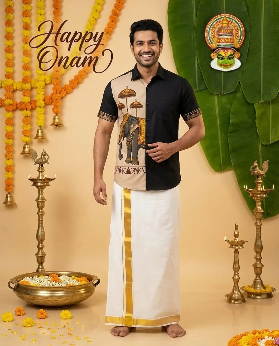 Gaja Black Temple Motif Gold Kara Mundu Cotton Shirt Set
